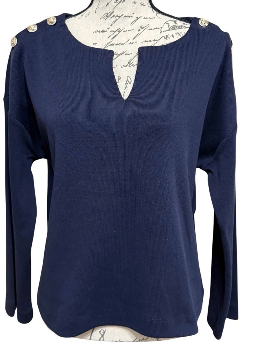 Ann Taylor Navy Notch-Neck Pullover with Gold Shoulder Buttons